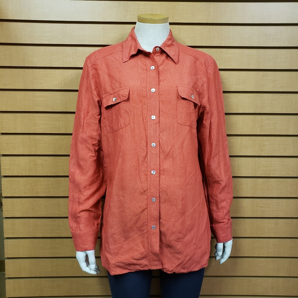 Edward Womens Irish Linen Button Down Shirt Size Large Orange Long Sleeve
